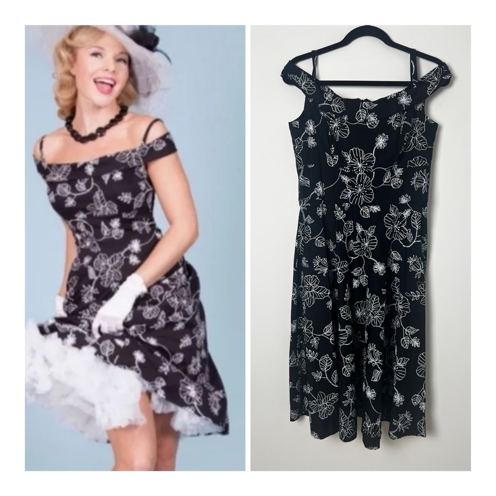Bettie Page Black Floral Off-Shoulder Swing Dress